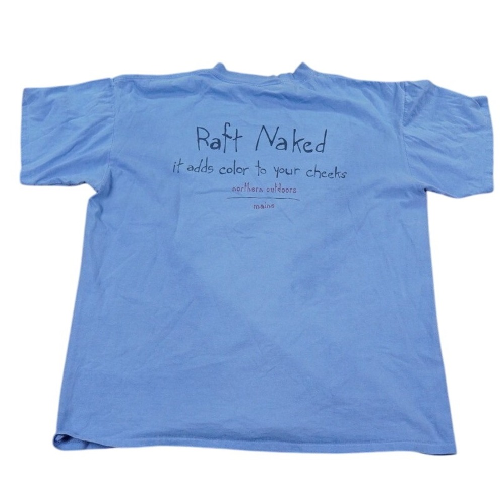 VTG Oneita Raft Naked T Shirt Mens XL Blue Northern Outdoors Maine Single Stitch